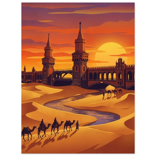 Experience the Oberbaumbrücke Desert Poster—Berlin’s iconic bridge reimagined in Sahara sands with vivid dunes, a sunset, winding river, camels, and travelers. This wall art blends Berlin heritage and desert beauty in a striking scene.