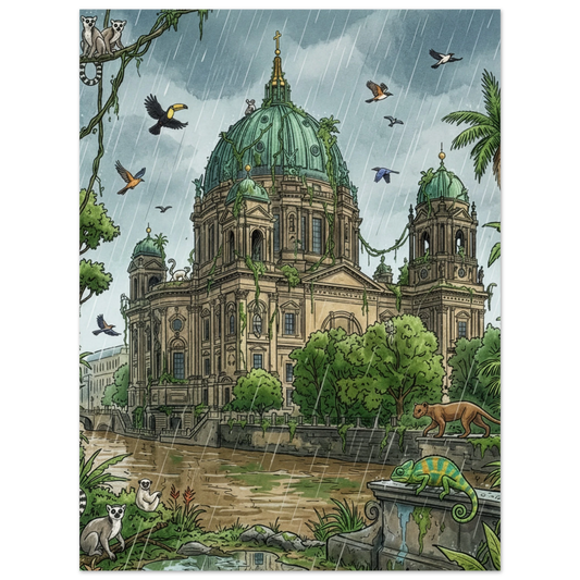 The Berliner Dom Rainforest Poster – Moody Madagascar Storm depicts the domed cathedral by a river in rainy weather, lush greenery, and diverse animals like birds, lemurs, and a puma—a vibrant scene perfect as semi-glossy wall art.