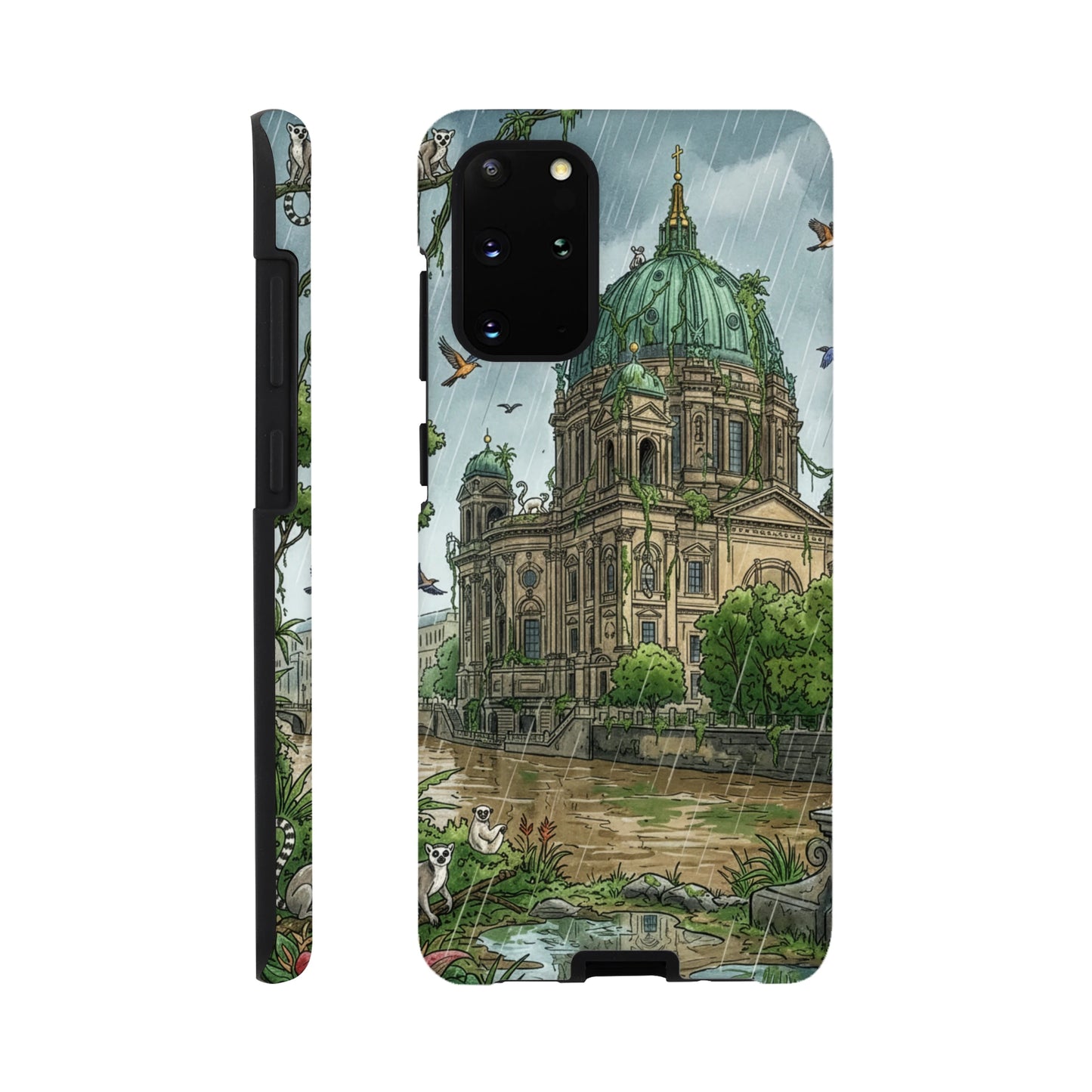 Phone case with architectural design and nature elements on a white background