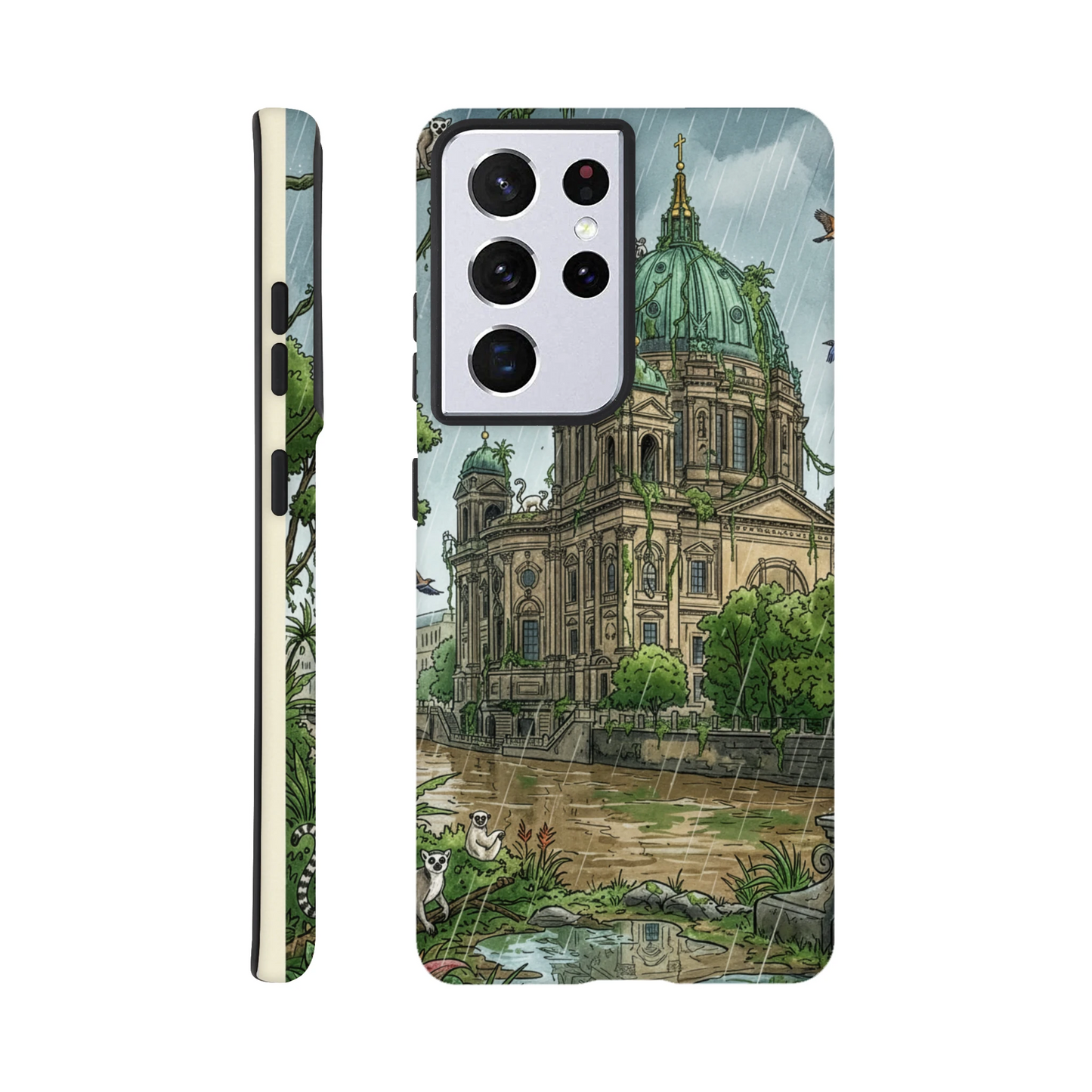 Phone case with architectural design and nature elements on a white background