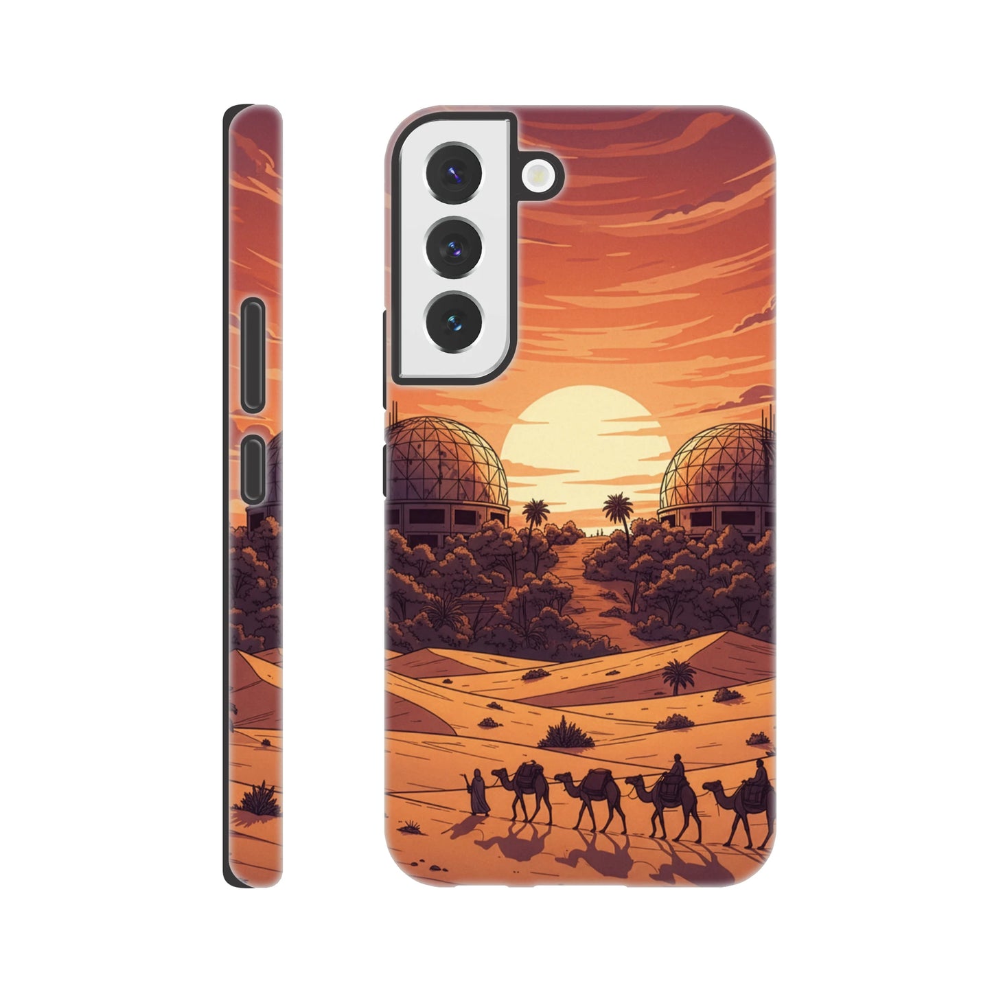Phone case with desert scene design featuring camels and a sunset.