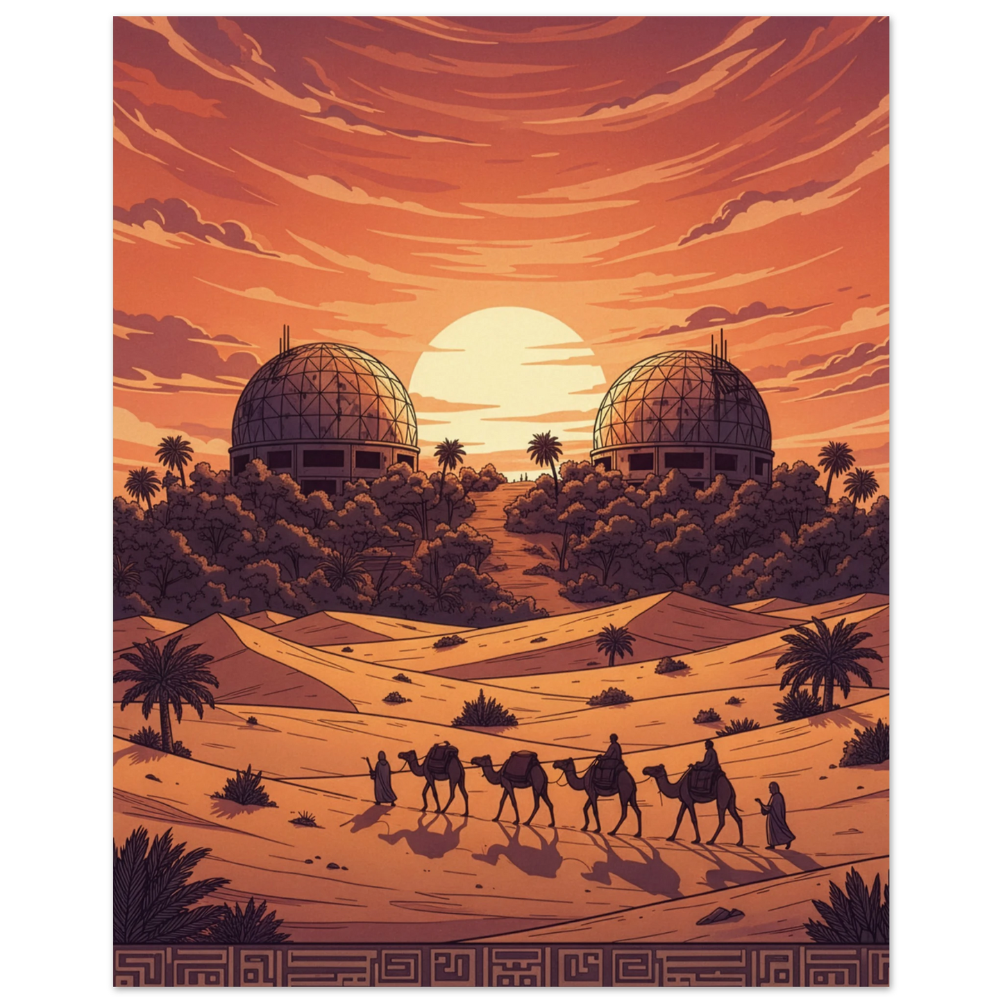 Desert scene with domed buildings, palm trees, and a caravan under an orange sunset.