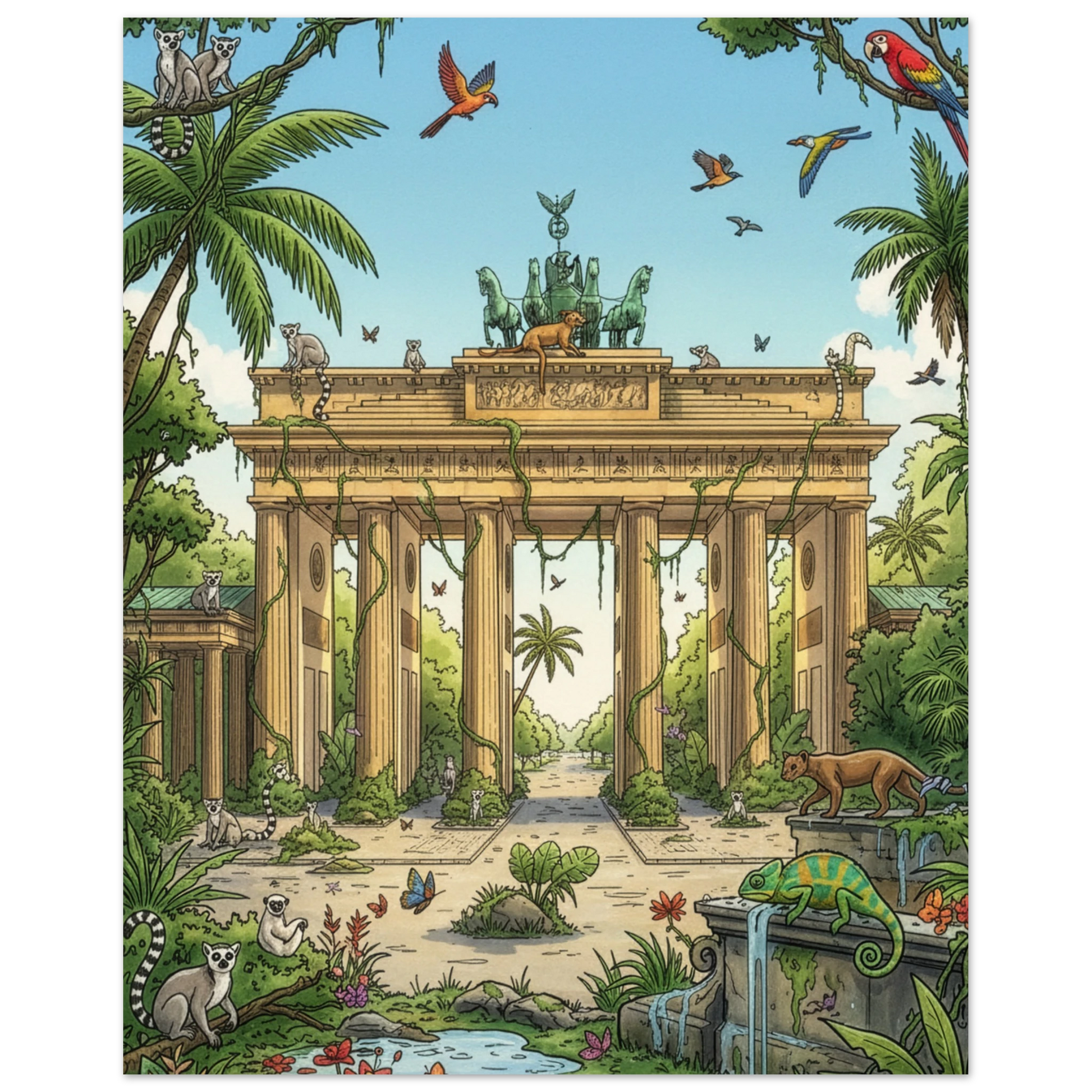 The Brandenburger Tor Poster – Sunny Day in Madagascar blends lush vines, tropical animals, and a vivid blue sky for striking wall decor—ideal as a unique Brandenburger Tor or Madagascar-inspired art print.
