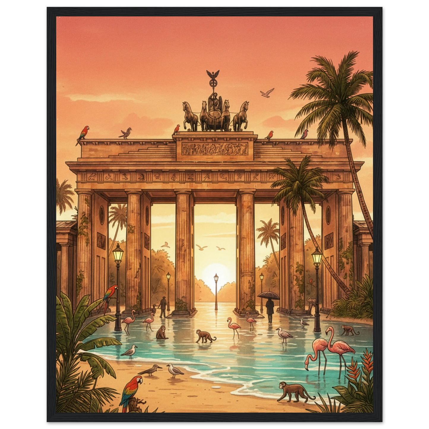 Framed artwork of a tropical scene with a classical building, palm trees, and animals.
