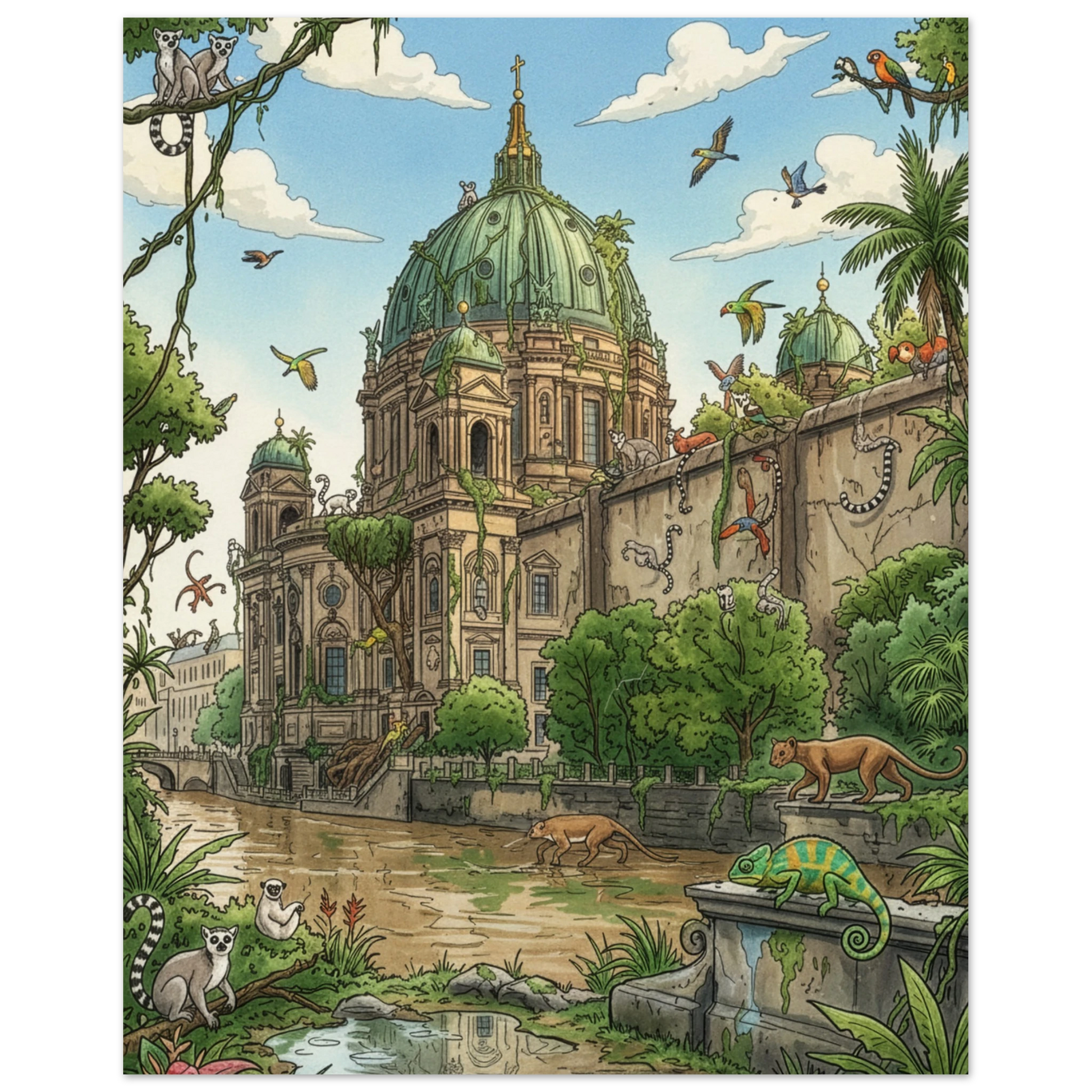 Illustration of a cityscape with animals and greenery