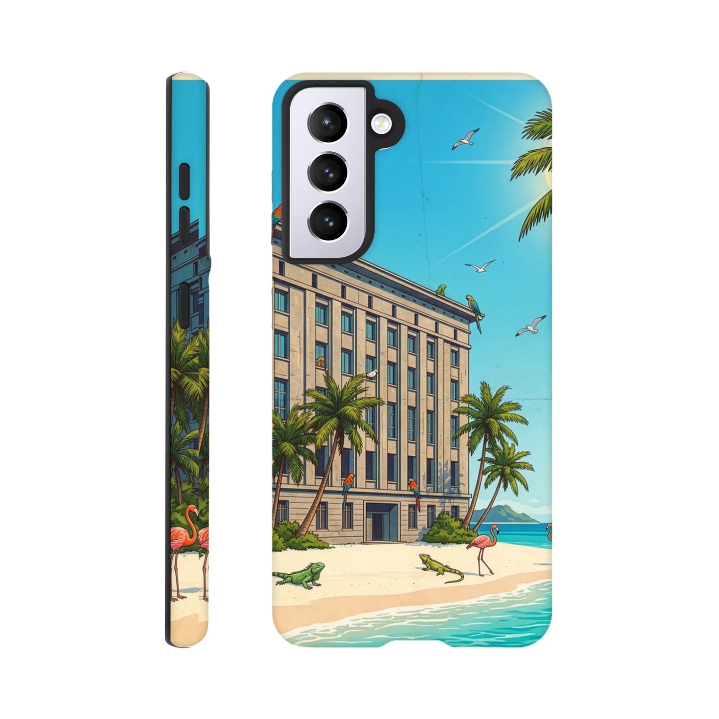 Phone case with a tropical beach design featuring palm trees, a building, and flamingos Berghain.