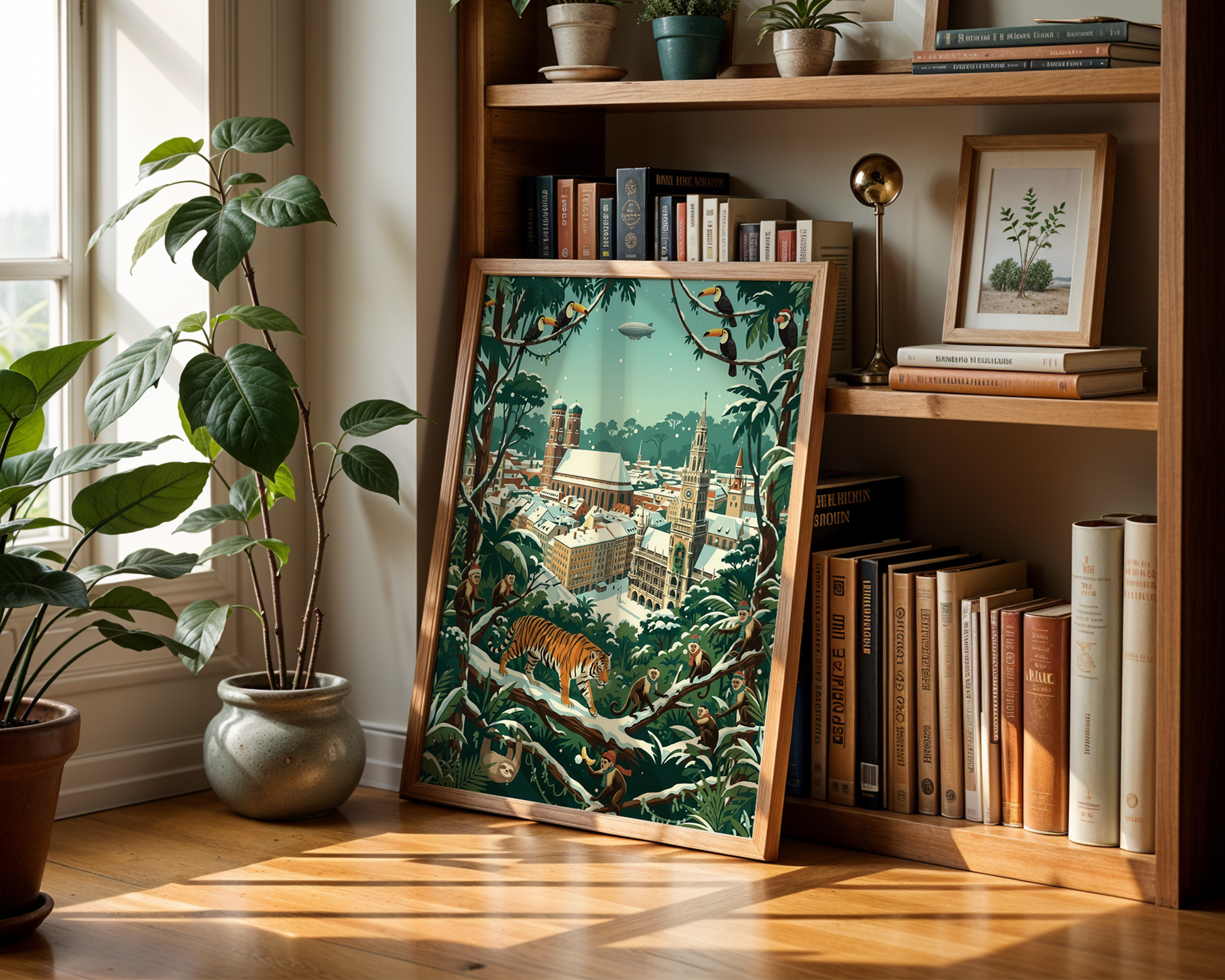 The Bundel Combo for 3 Posters - Munich Collection features framed jungle and city scenes with tigers, ideal for an eclectic gallery wall near bookshelves, sunlit windows, and potted plants on a wooden floor.