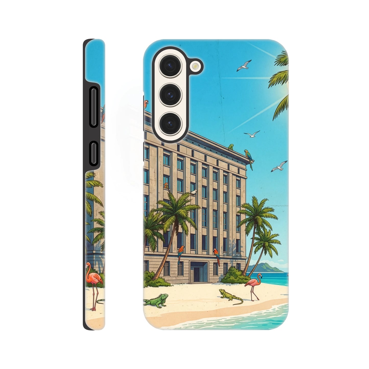 Phone case with a beach scene featuring palm trees, buildings, and animals on a blue background with Berghain