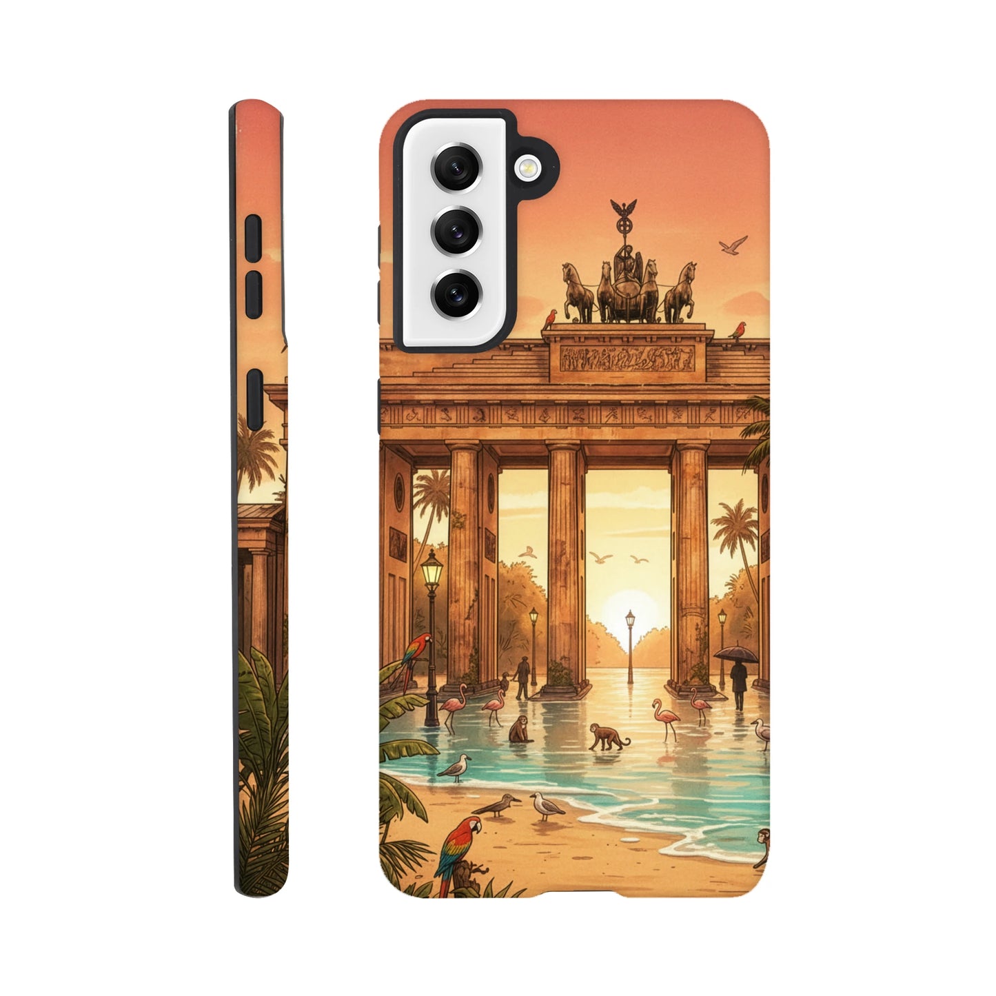 Phone case with a design of a beach scene with palm trees and Berlin Tor