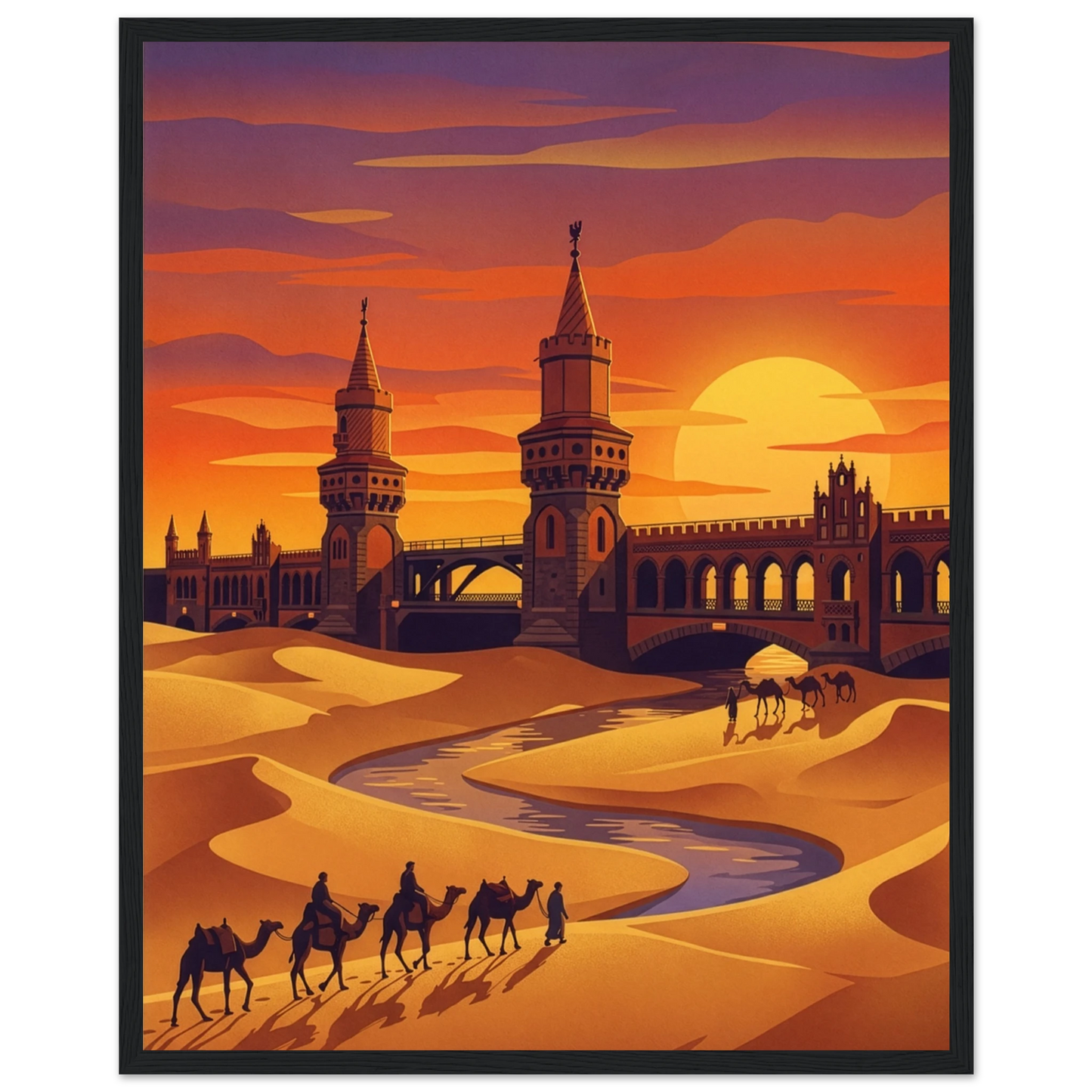Desert scene with camels, a bridge, and sunset sky