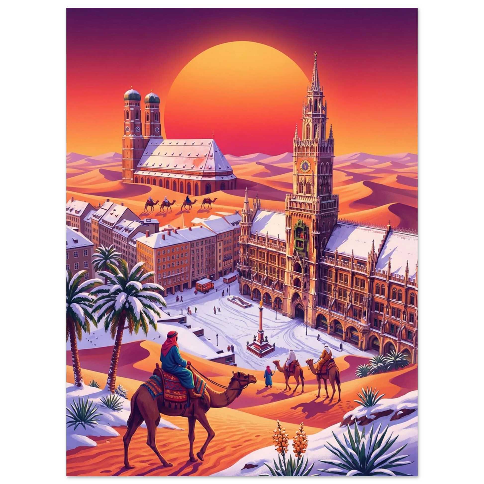 The Stunning MarienPlatz Poster – Sahara Sunset with Snowy Frauenkirche Backdrop features surreal camel riders crossing desert dunes blending into a snowy cityscape, palm trees, and Gothic landmarks aglow beneath a vivid sunset—perfect wall decor.