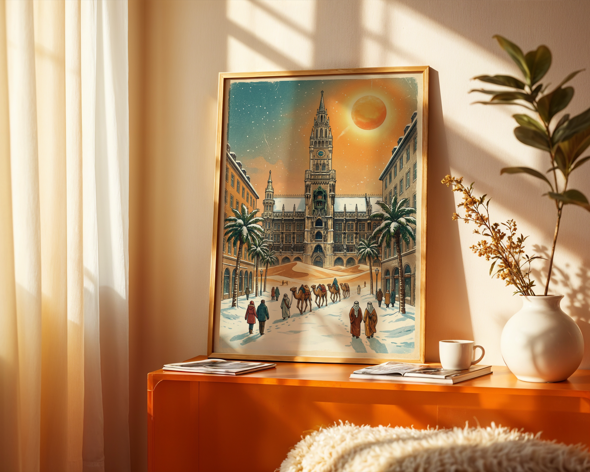 The Cultural Fusion Poster – Marienplatz with Camels in Sahara Sun & Snow, featuring iconic German architecture blended with desert and snow elements, rests on an orange table bathed in sunlight amid unique decor.