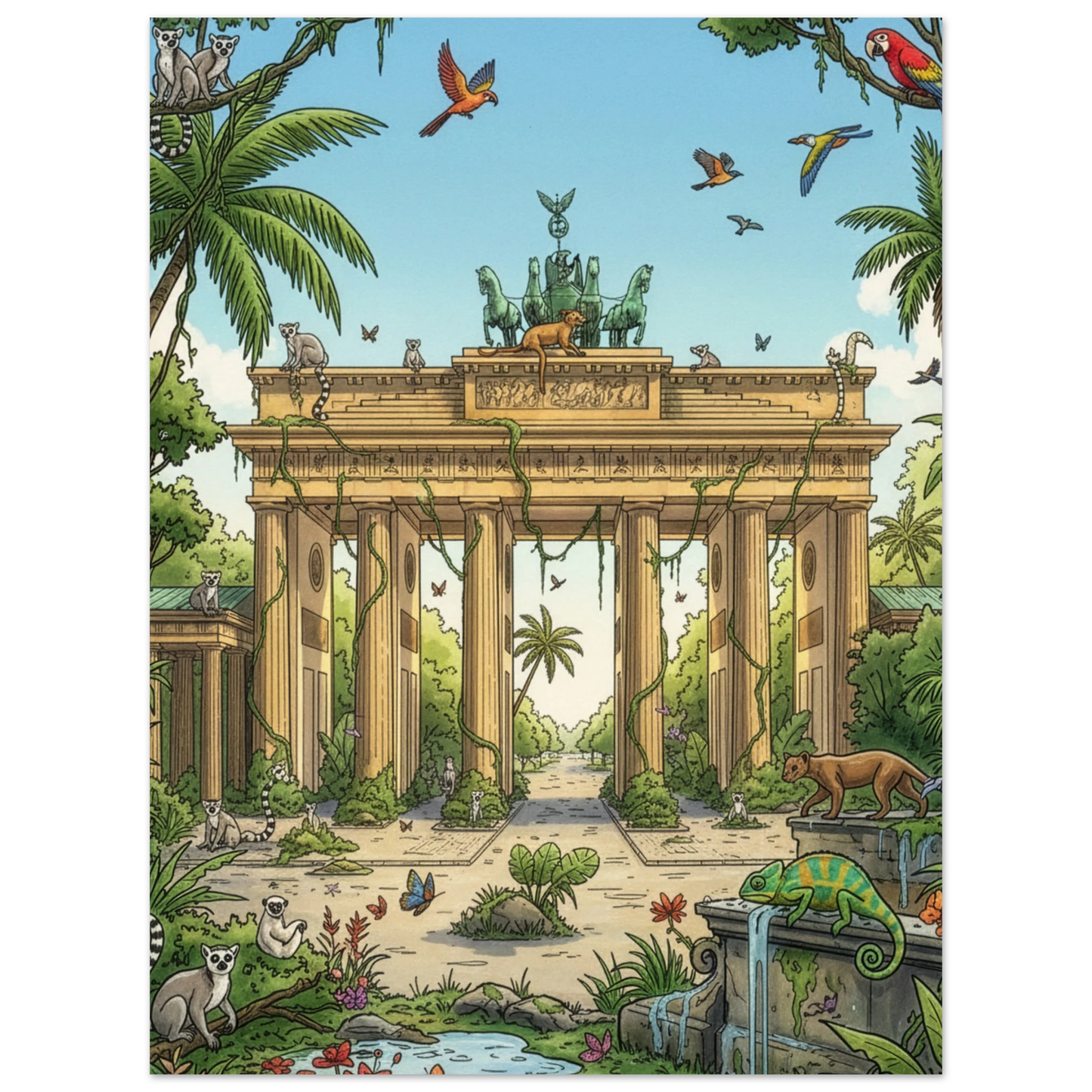 The Brandenburger Tor Poster – Sunny Day in Madagascar blends Berlin’s iconic gate with vibrant jungle scenes and exotic animals, creating standout fusion wall decor for those seeking a unique art print.