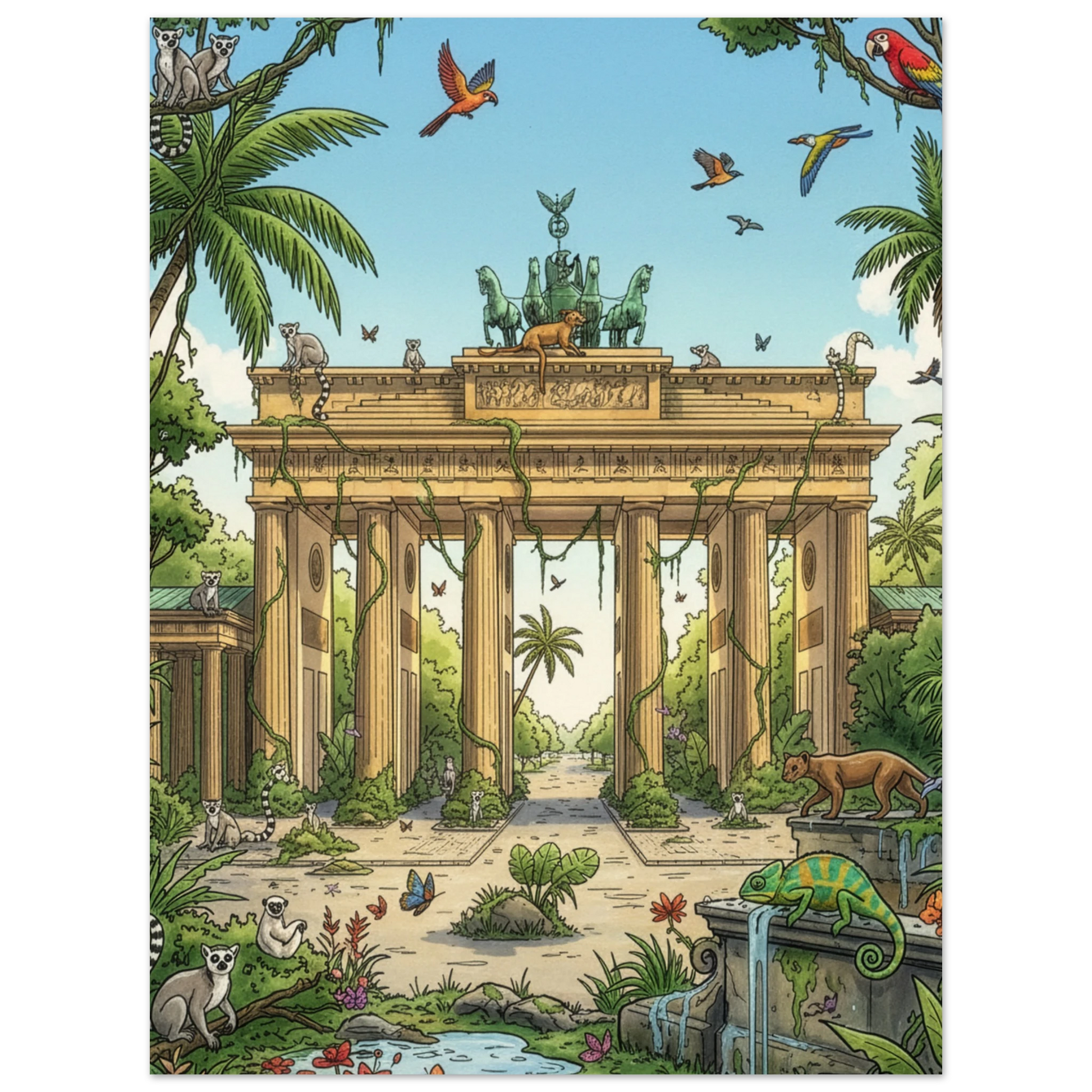 The Brandenburger Tor Poster – Sunny Day in Madagascar blends Berlin’s iconic gate with vibrant jungle scenes and exotic animals, creating standout fusion wall decor for those seeking a unique art print.