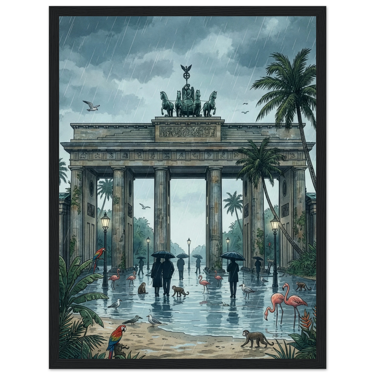 Framed artwork of a rain-soaked scene with Brandenburg Gate, palm trees, and people with umbrellas.