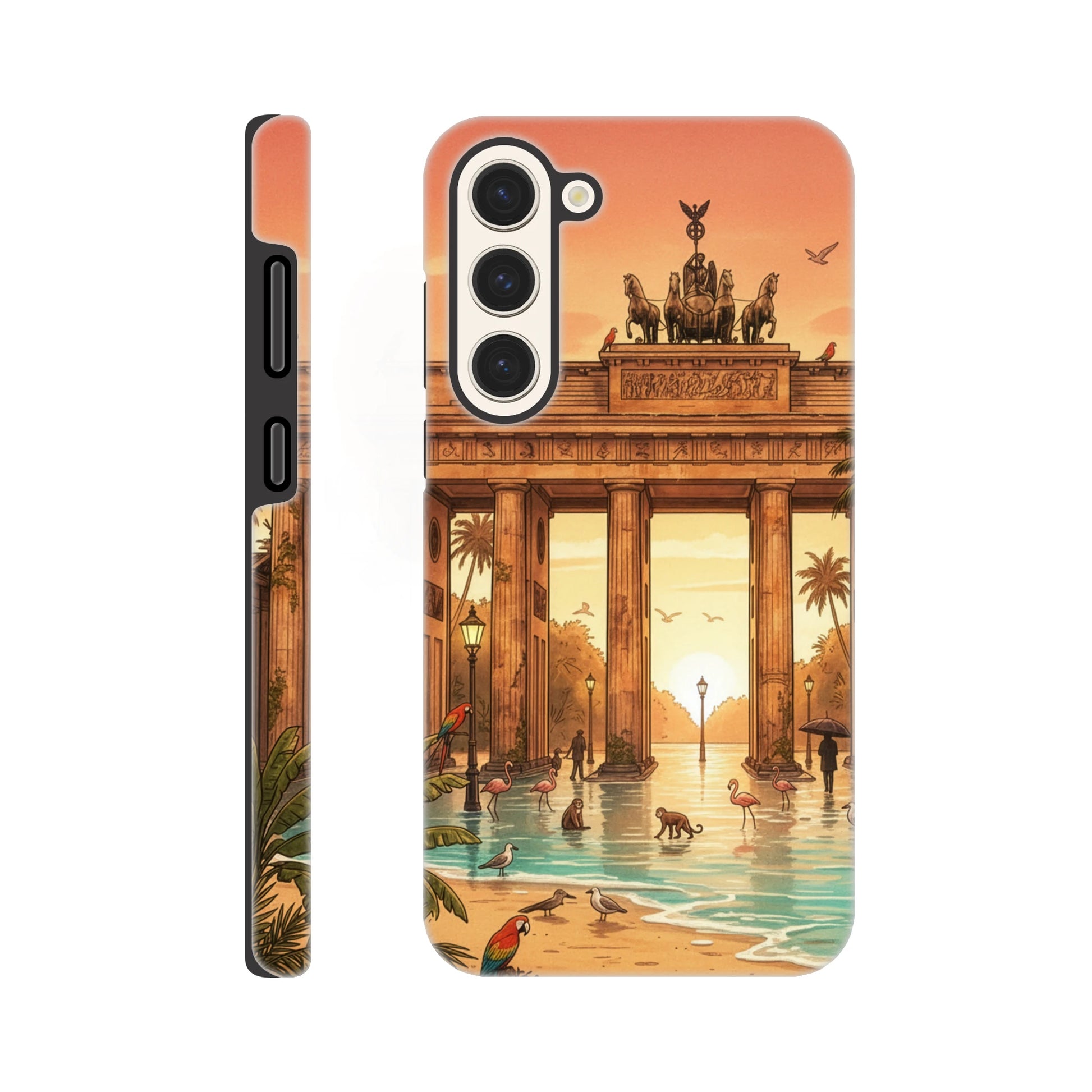 Phone case with a design of a classical building and people by a pool, on a white background.