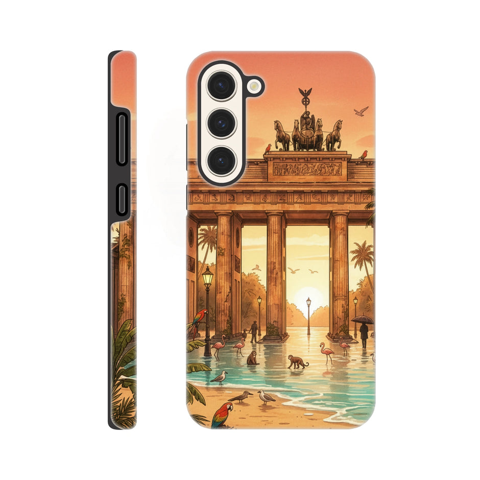 Phone case with a design of a classical building and people by a pool, on a white background.