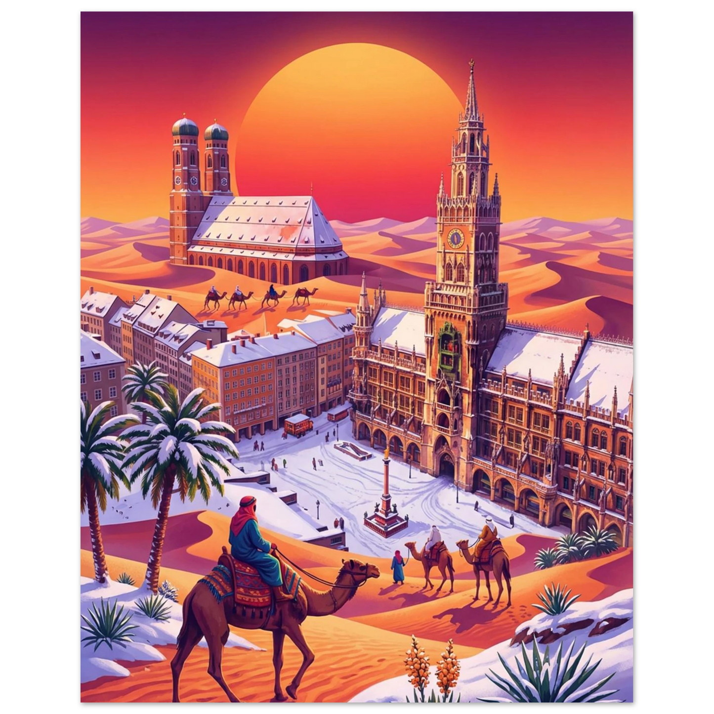 The "Stunning MarienPlatz Poster – Sahara Sunset with Snowy Frauenkirche Backdrop" displays Munich’s Marienplatz with camels crossing sand dunes and snowy buildings at sunset—a striking blend of desert and cityscape, perfect for modern wall decor.