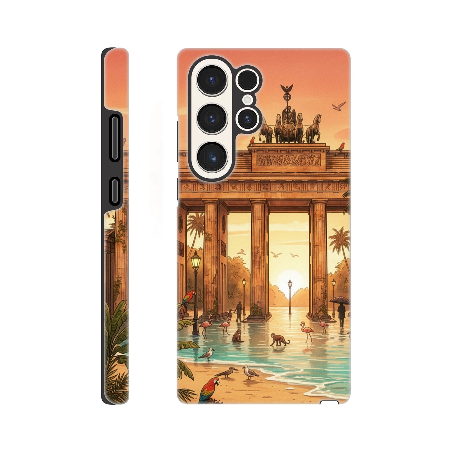 Phone case with a tropical beach scene design featuring palm trees and people.